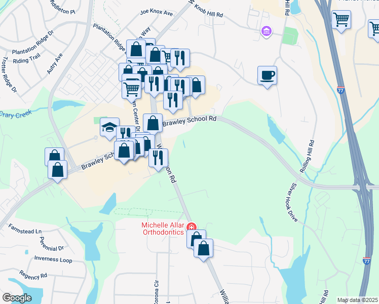 map of restaurants, bars, coffee shops, grocery stores, and more near 355 Williamson Road in Mooresville