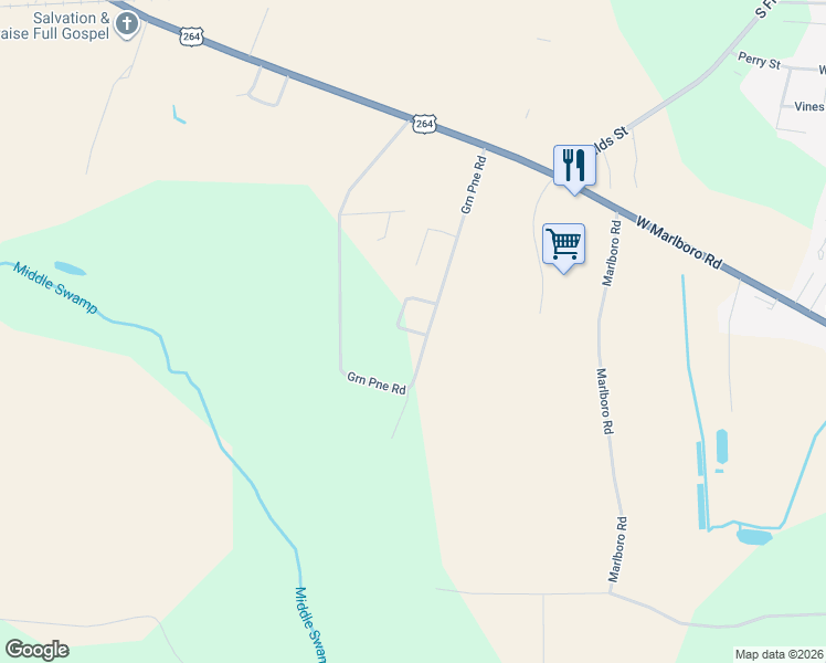 map of restaurants, bars, coffee shops, grocery stores, and more near 4753 Forest Village Drive in Farmville