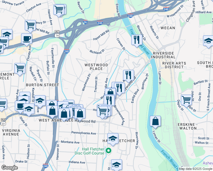 map of restaurants, bars, coffee shops, grocery stores, and more near 144 Waynesville Avenue in Asheville