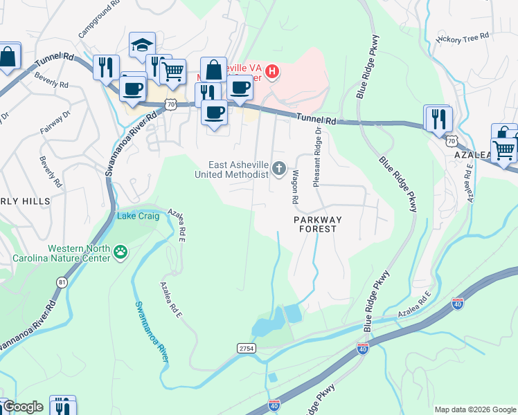 map of restaurants, bars, coffee shops, grocery stores, and more near 84 Oteen Church Road in Asheville