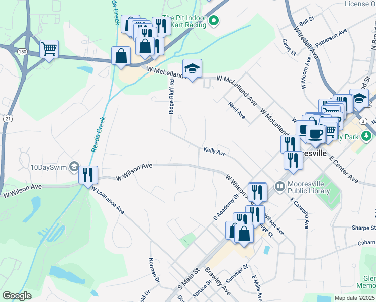 map of restaurants, bars, coffee shops, grocery stores, and more near 516 Kelly Avenue in Mooresville