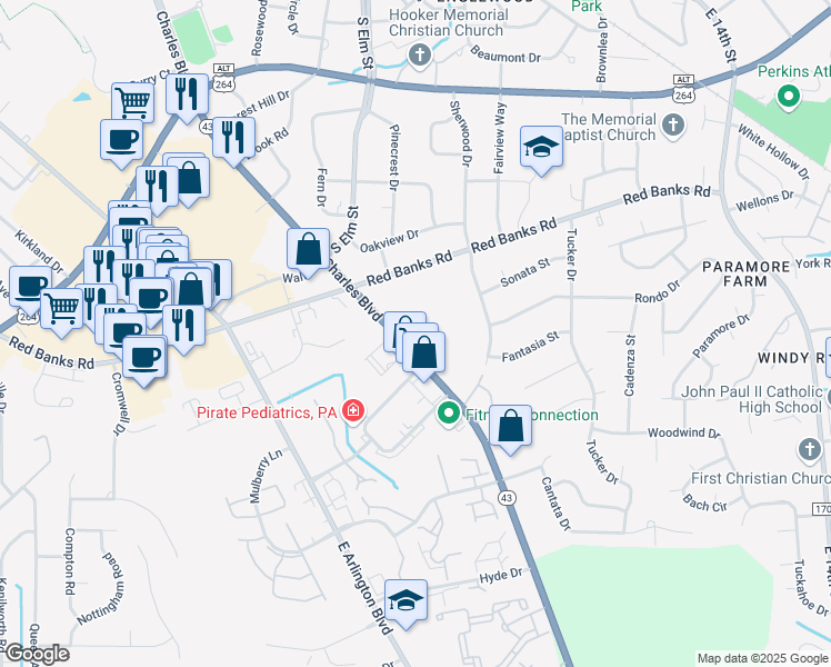map of restaurants, bars, coffee shops, grocery stores, and more near 2428 Charles Boulevard in Greenville