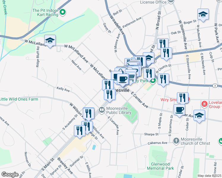 map of restaurants, bars, coffee shops, grocery stores, and more near 225 South Broad Street in Mooresville