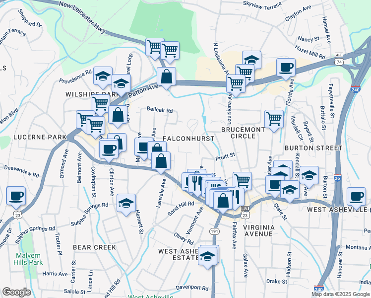 map of restaurants, bars, coffee shops, grocery stores, and more near 58 Oakwood Street in Asheville