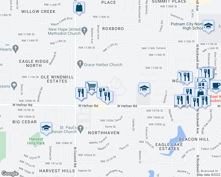 map of restaurants, bars, coffee shops, grocery stores, and more near 11020 Roxboro Avenue in Oklahoma City