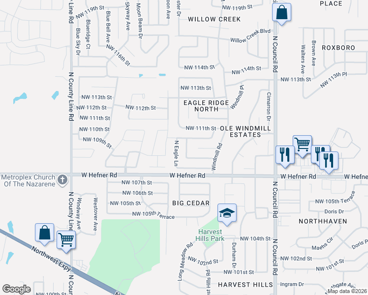 map of restaurants, bars, coffee shops, grocery stores, and more near 8333 Northwest 109th Terrace in Oklahoma City