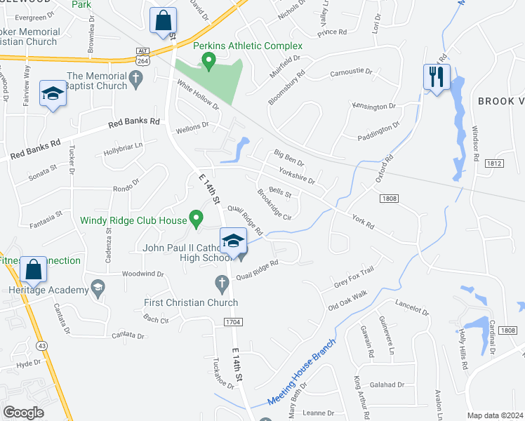map of restaurants, bars, coffee shops, grocery stores, and more near 1871 Quail Ridge Road in Greenville