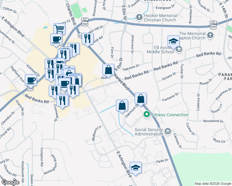 map of restaurants, bars, coffee shops, grocery stores, and more near 1017 Cheyenne Court in Greenville
