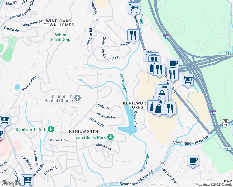 map of restaurants, bars, coffee shops, grocery stores, and more near 60 Marne Road in Asheville