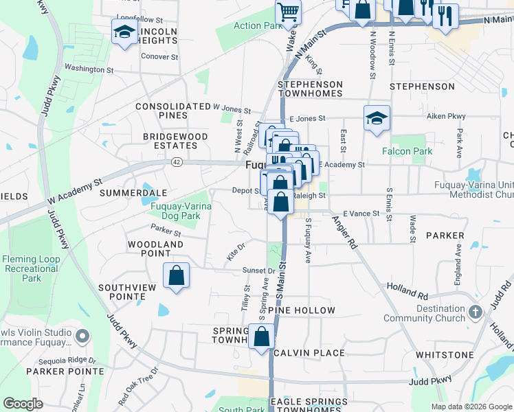 map of restaurants, bars, coffee shops, grocery stores, and more near 302 Spring Avenue in Fuquay-Varina