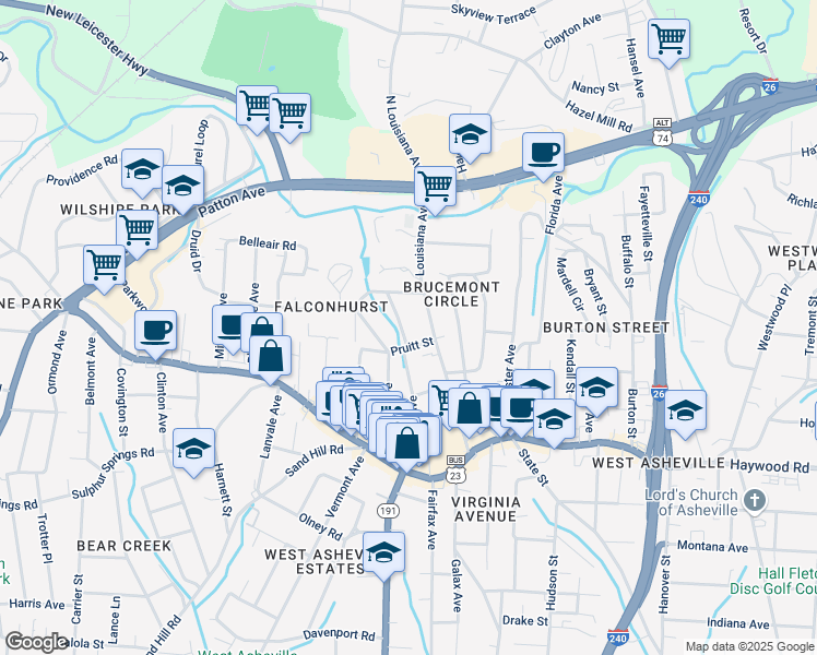 map of restaurants, bars, coffee shops, grocery stores, and more near 33 Pruitt Street in Asheville