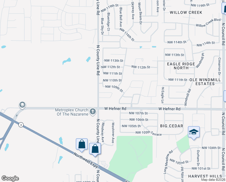 map of restaurants, bars, coffee shops, grocery stores, and more near 10909 Millbrook Lane in Oklahoma City