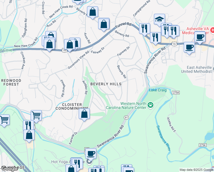 map of restaurants, bars, coffee shops, grocery stores, and more near 17 Canterbury Road in Asheville