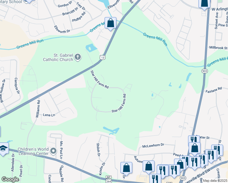 map of restaurants, bars, coffee shops, grocery stores, and more near 3104 Star Hill Farm Road in Greenville