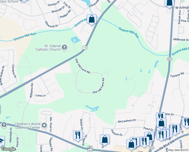 map of restaurants, bars, coffee shops, grocery stores, and more near 3104 Star Hill Farm Road in Greenville