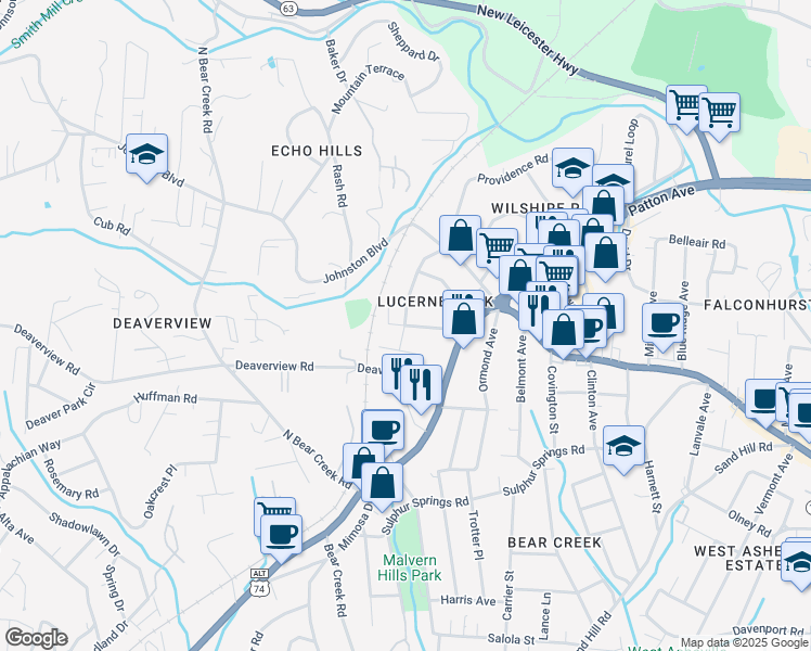 map of restaurants, bars, coffee shops, grocery stores, and more near 56 Tampa Avenue in Asheville
