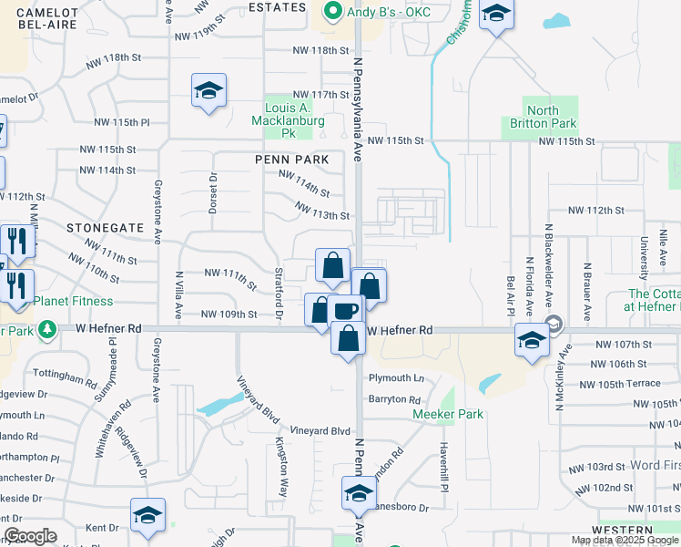 map of restaurants, bars, coffee shops, grocery stores, and more near 11140 North Stratford Drive in Oklahoma City