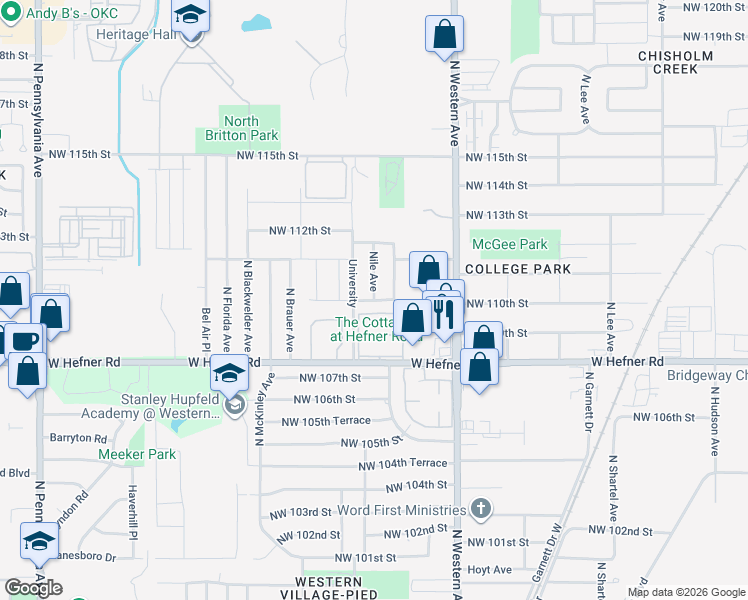map of restaurants, bars, coffee shops, grocery stores, and more near 11210 Nile Avenue in Oklahoma City