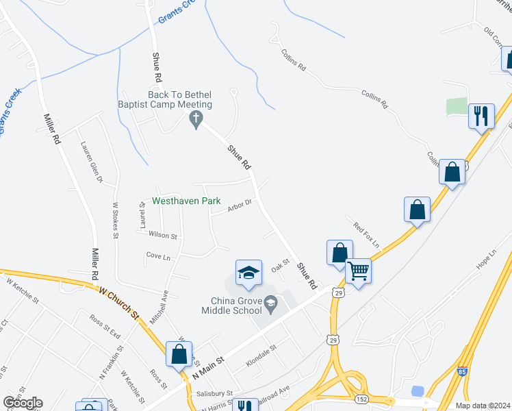 map of restaurants, bars, coffee shops, grocery stores, and more near 417 Shue Road in China Grove