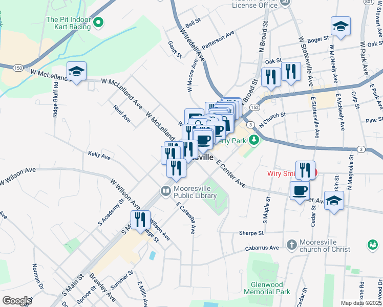 map of restaurants, bars, coffee shops, grocery stores, and more near 236 West Center Avenue in Mooresville