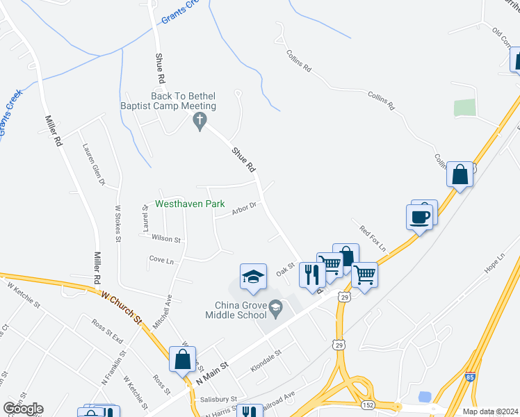map of restaurants, bars, coffee shops, grocery stores, and more near 504 Shue Road in China Grove