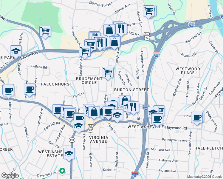 map of restaurants, bars, coffee shops, grocery stores, and more near 41 Florida Avenue in Asheville