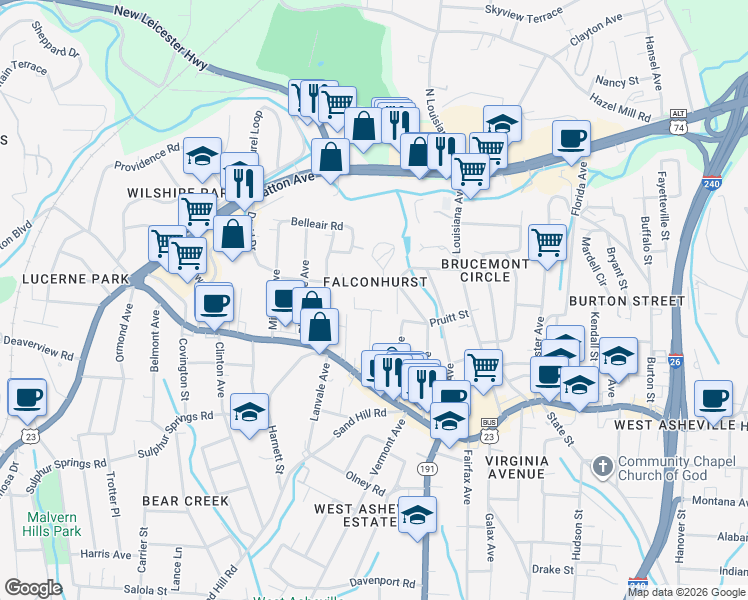 map of restaurants, bars, coffee shops, grocery stores, and more near 93 Craggy Avenue in Asheville