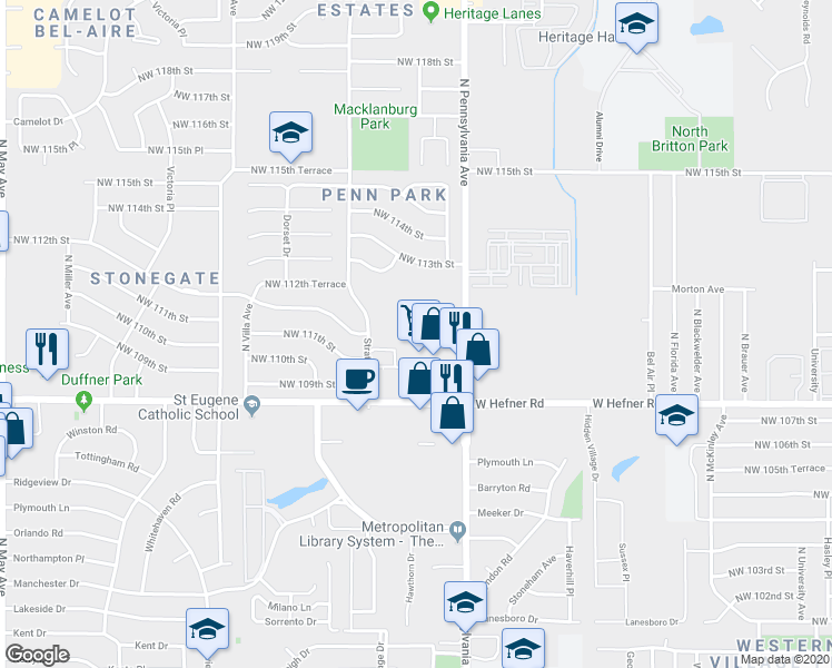 map of restaurants, bars, coffee shops, grocery stores, and more near 11239 North Pennsylvania Avenue in Oklahoma City