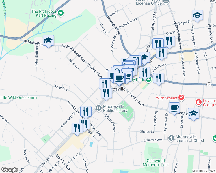 map of restaurants, bars, coffee shops, grocery stores, and more near 205 South Academy Street in Mooresville
