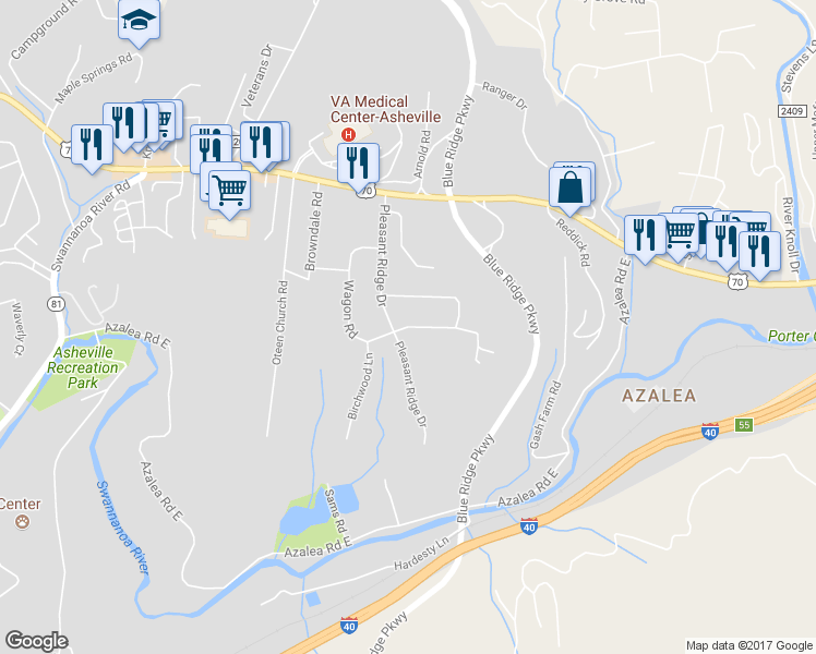 map of restaurants, bars, coffee shops, grocery stores, and more near Wagon Road in Asheville