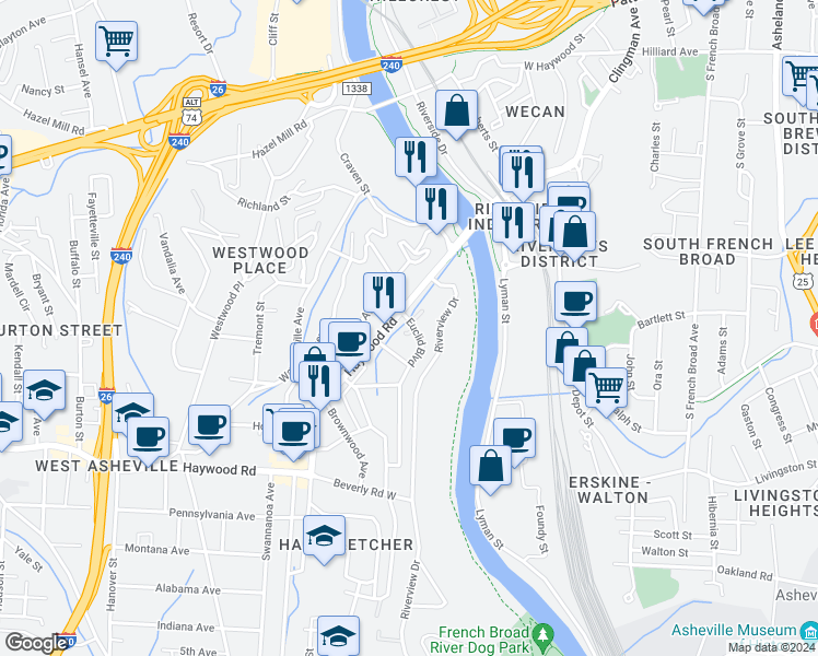 map of restaurants, bars, coffee shops, grocery stores, and more near 11 West End Way in Asheville