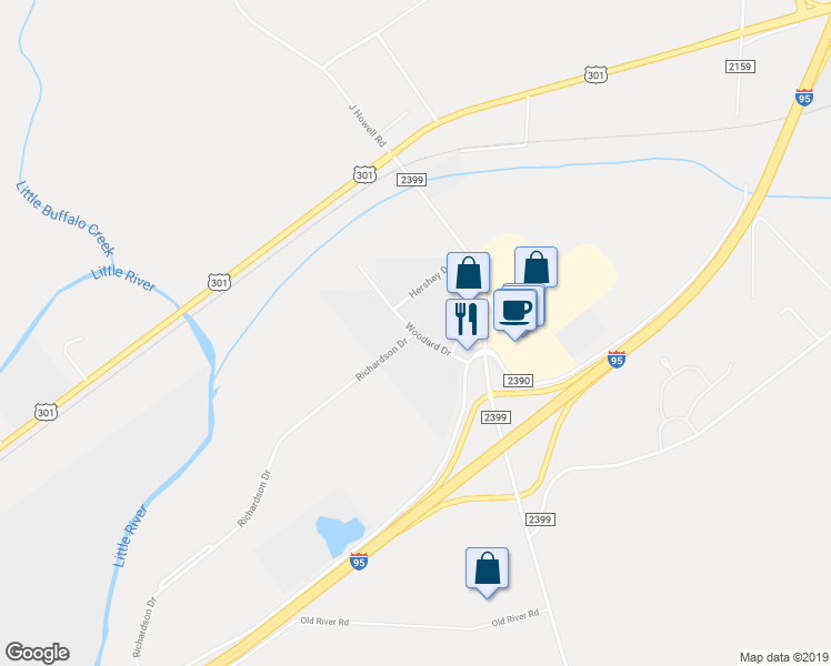 map of restaurants, bars, coffee shops, grocery stores, and more near Woodard Drive in Kenly