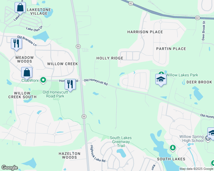 map of restaurants, bars, coffee shops, grocery stores, and more near 1232 Old Honeycutt Road in Fuquay-Varina
