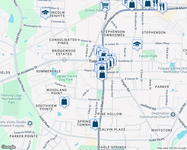 map of restaurants, bars, coffee shops, grocery stores, and more near 142 Spring Avenue in Fuquay-Varina