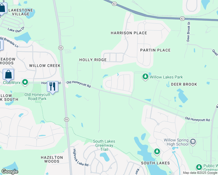 map of restaurants, bars, coffee shops, grocery stores, and more near 3120 Lake Barkley Way in Fuquay-Varina