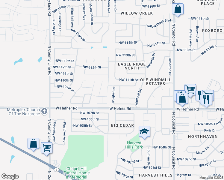 map of restaurants, bars, coffee shops, grocery stores, and more near 11041 North Eagle Lane in Oklahoma City