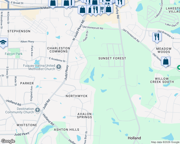 map of restaurants, bars, coffee shops, grocery stores, and more near 260 Bramblehill Drive in Fuquay-Varina