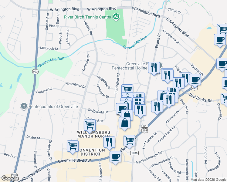 map of restaurants, bars, coffee shops, grocery stores, and more near 301 Burrington Road in Greenville