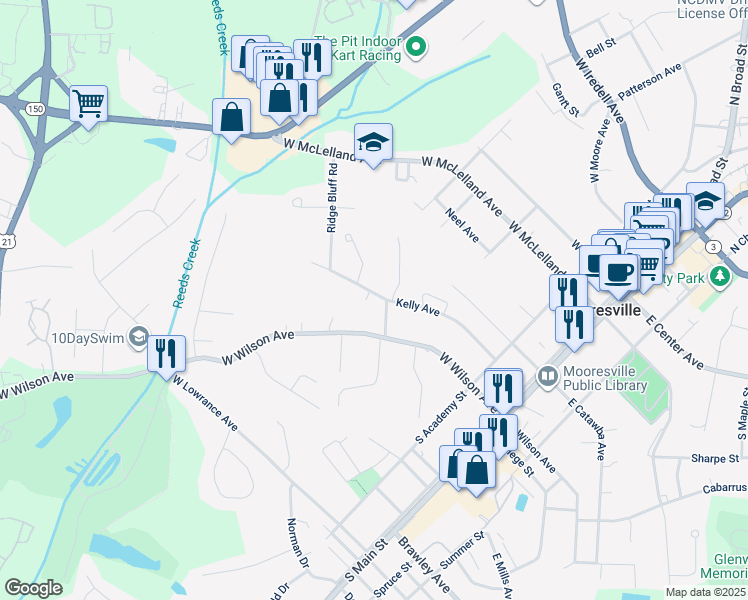 map of restaurants, bars, coffee shops, grocery stores, and more near 508 Kelly Avenue in Mooresville