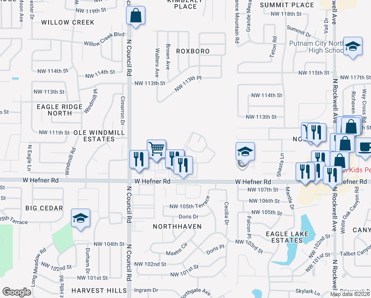 map of restaurants, bars, coffee shops, grocery stores, and more near 11100 Roxboro Avenue in Oklahoma City