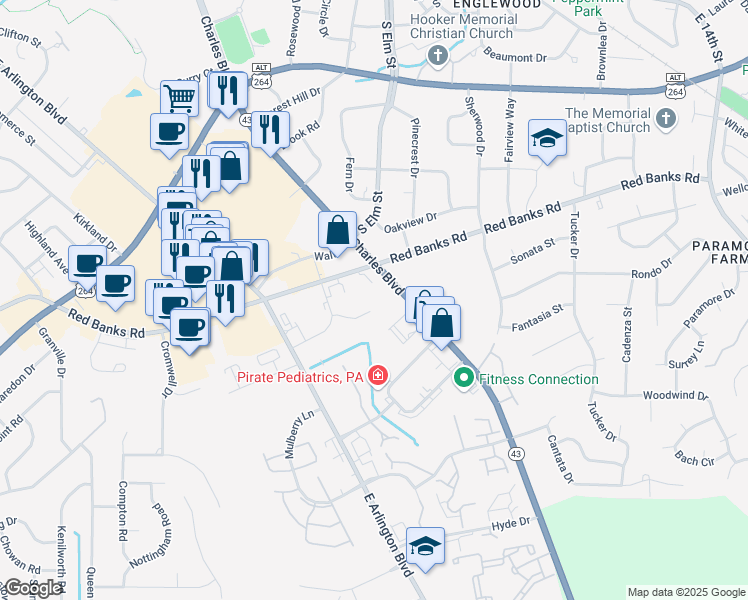 map of restaurants, bars, coffee shops, grocery stores, and more near 2404 Charles Boulevard in Greenville
