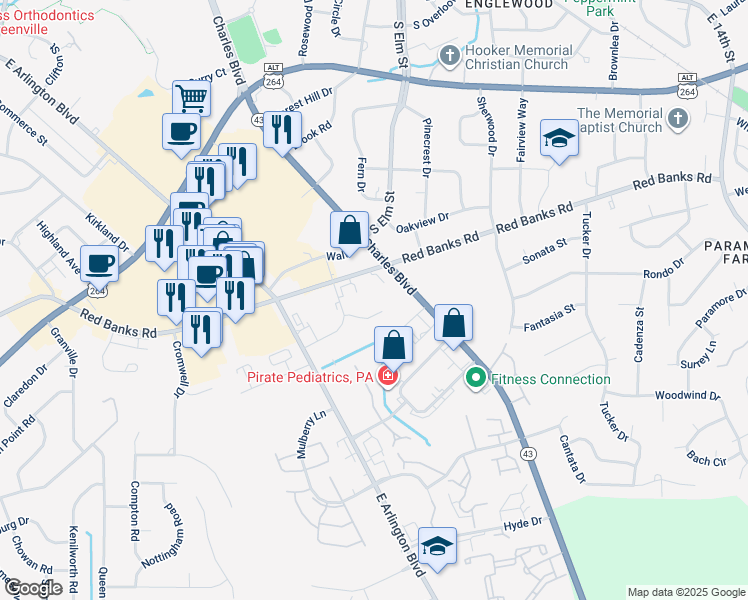 map of restaurants, bars, coffee shops, grocery stores, and more near 1026 Red Banks Road in Greenville
