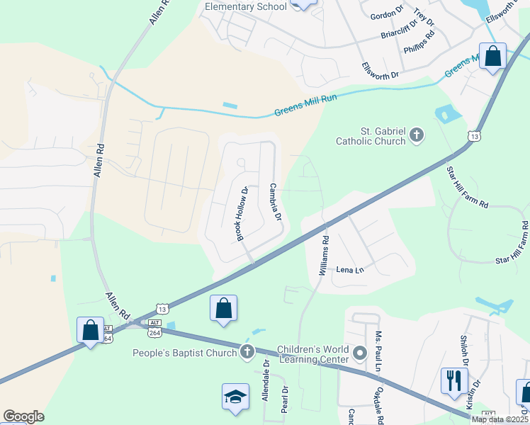 map of restaurants, bars, coffee shops, grocery stores, and more near 2308 Dovedale Drive in Greenville