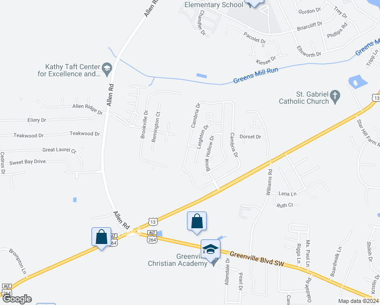 map of restaurants, bars, coffee shops, grocery stores, and more near Sandown Court in Greenville