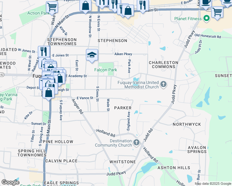 map of restaurants, bars, coffee shops, grocery stores, and more near 609 Raleigh Street in Fuquay-Varina
