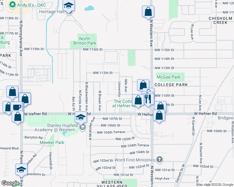 map of restaurants, bars, coffee shops, grocery stores, and more near 11222 University in Oklahoma City