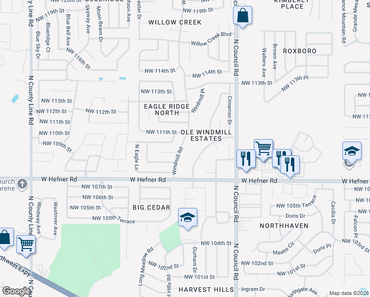 map of restaurants, bars, coffee shops, grocery stores, and more near 11120 Windmill Road in Oklahoma City