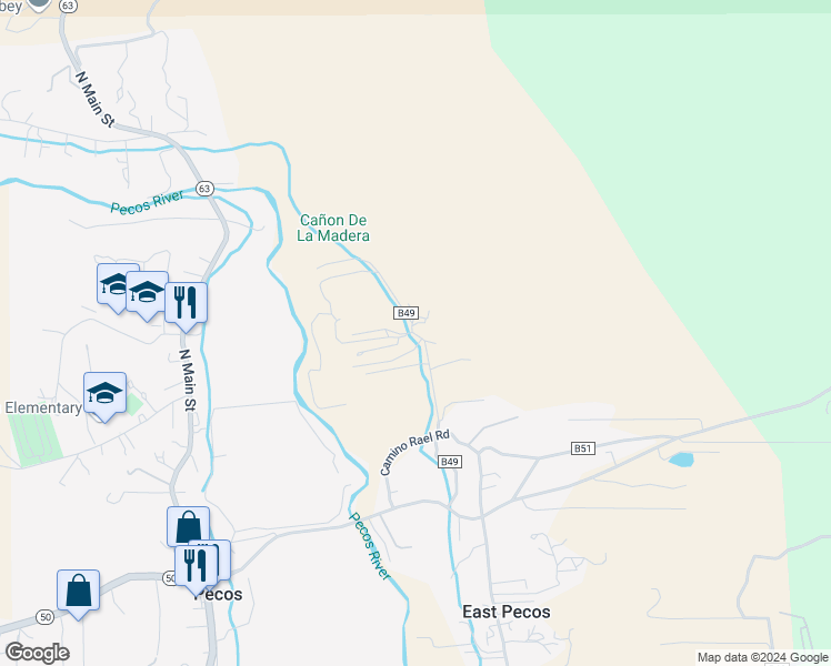 map of restaurants, bars, coffee shops, grocery stores, and more near County Road B49 in Pecos