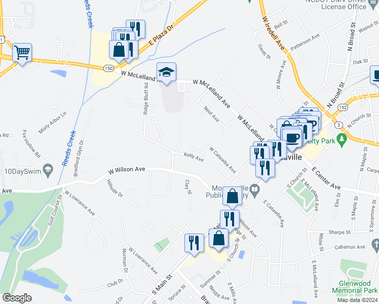 map of restaurants, bars, coffee shops, grocery stores, and more near 439 Kelly Avenue in Mooresville