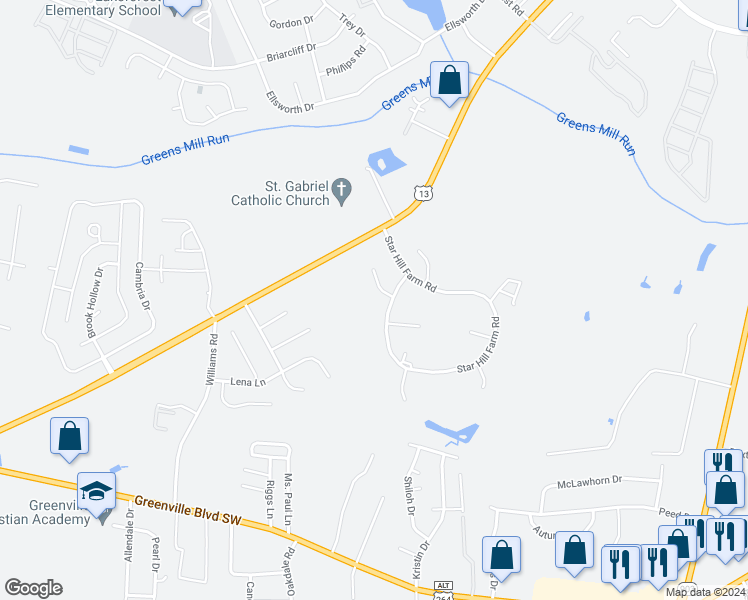 map of restaurants, bars, coffee shops, grocery stores, and more near 3603 Star Hill Farm Road in Greenville